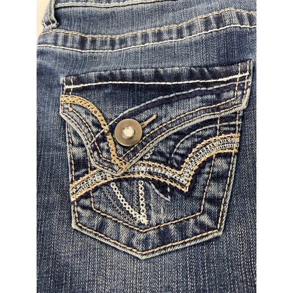 Decree Women's Misses Mini Skirt Blue Denim Embroidered 5 Pocket Size 3 - Picture 7 of 8